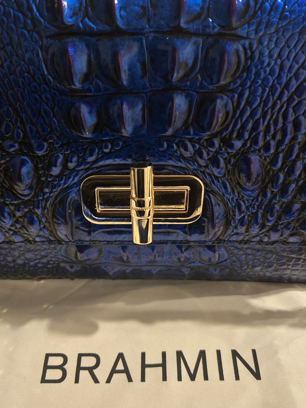 Brahmin Blue Croc-Embossed Leather Crossbody Bag with Gold Chain Rachel Neptune - Picture 2 of 8